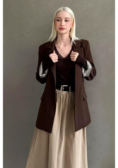 Seeh Kahverengi Kol Desenli Blazer Kadın Ceket Sh339