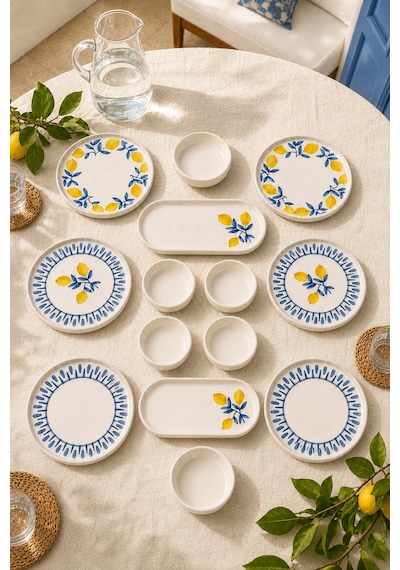 Mavi Limon 14 Parça 6 Kişilik Handmade Stackable Seramik Tabak Seti Premium Sunum & Kahvaltı Takımı Beyaz