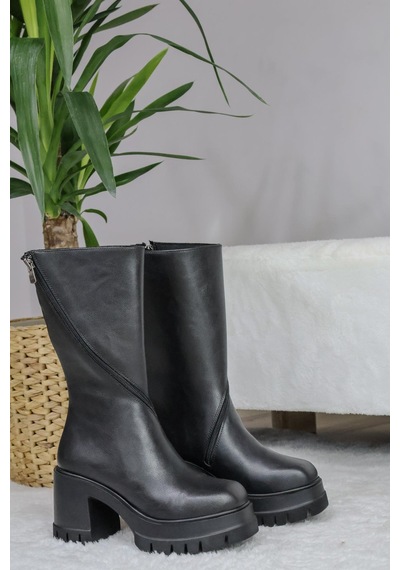 Asmi Shoes Kadın Liva Siyah Cilt Döner Fermuarlı Bot Siyah Siyah