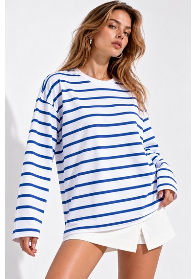 Wild Bee Kadın Saks Mavi Beyaz Çizgili Pamuklu Bisiklet Yaka Oversize Bluz