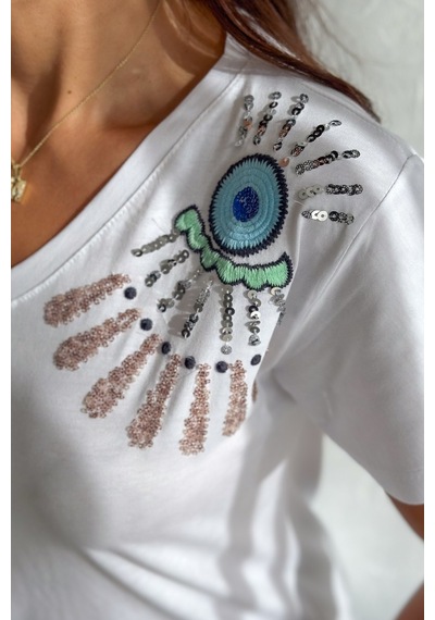 Femelle Kadın Beyaz V Yaka Omzu Nakış Ve Pul Payet İşlemeli %100 Pamuk T-shirt