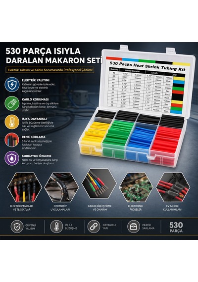 530pcs Makaron Kablo Tamir Seti Isıyla Büzüşmeli Daralan Hortum 5523