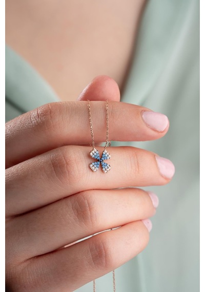 925 Ayar Gümüş Mavi Renk Geçişli Minimal Şans Yonca Kolye Rose Gold