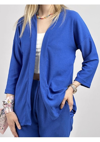 Kadın Pantolonlu Alt Üst İkili Kimono Takım Rahat Kalıp Mavi