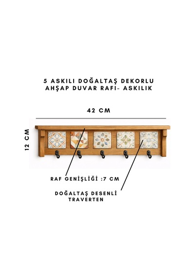 5askılı Doğaltaş Dekorlu Ahşap Duvar Düzenleyici Giriş Holü Anahtarlığı, Mutfak Ve Banyo Duvar Rafı 42x12-5 Askılı