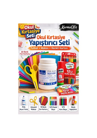 Okul Kırtasiye Seti Tutkal,makas,fon Kartonu,stick Yapıştırıcı,12'li Kuru Boya&pastel Boya