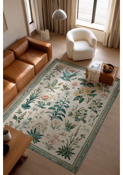 Garden 818 Bej Yeşil Botanik Çiçekli Halı Yıkanabilir İnce Dokuma Taban Salon Oturma Odası Halısı Bej Yeşil F