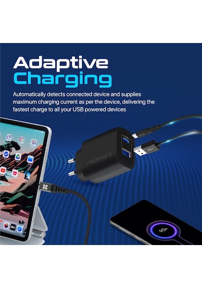 Promate BiPlug-2 17W Yüksek Hızlı Şarj Cihazı, 5V/3A Type-C, 5V/2,4A USB Duvar Şarj Adaptörü, Aşırı Şarj Koruma