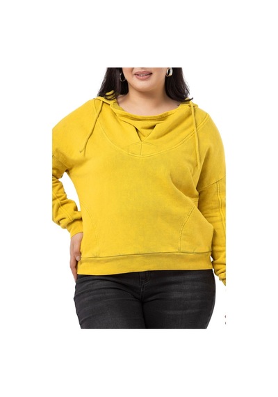 Büyük Beden Degaje Kapüşonlu Yaka Cepli Parça Boyalı Üç İplik Hardal Sweatshirt-hardal Hardal