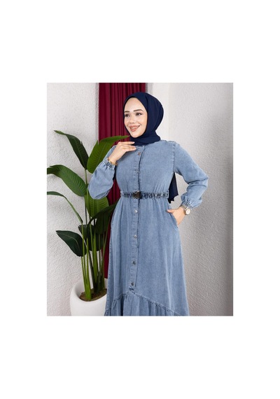 Hb Harma Time Butik Kadın Düğmeli Kuşaklı Denim Kot Mavi Elbise Mavi Mavi