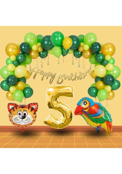 5 Yaş Pompa Hediyeli Safari Tema Folyo Kaplan Papağan Gold Rakam Yeşil Sarı Gold Balon Doğum Günü Süsü Çok Renkli