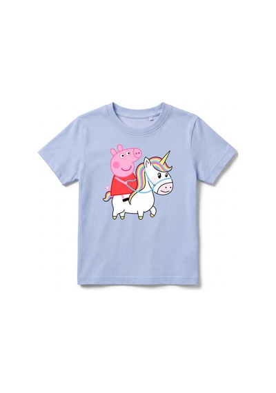 Urbantrendstore Peppa Pig Temalı Unisex Kız Çocuk Erkek Çocuk Bisiklet Yuvarlak Yaka Basic Kısa Kollu %100 Pamuk Tişört Mavi