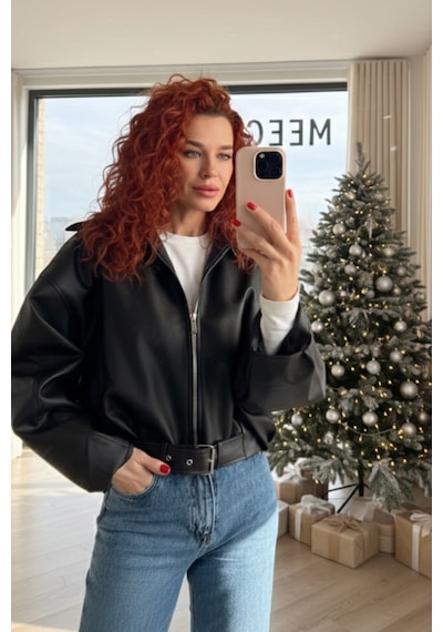 Meecy Yeni Sezon Suni Oversize Bomber Deri Ceket Siyah Siyah