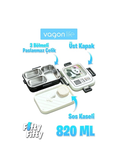 Vagonlife Lunch Box 820 Ml Tek Kat Üç Bölmeli Sos Kaseli Yeni Nesil Sefer Tası-fflbox10283 Siyah