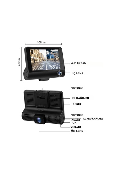 3 Kameralı Kayıt Cihazı İç Ön Arka Geri Görüş Kameralı 4.0" 1080p Full Hd Kayıt Çarpışma Algılayıcı Sensörlü Gece Görüşlü Park Sensörü Sesli Yol Kayıt 00 Şüscaroto Aksesuar