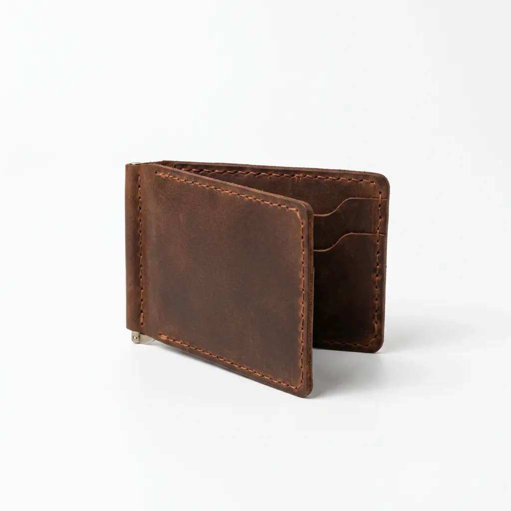 Natderi %100 El İşçiliği Hakiki Deri Para Maşalı Erkek Cüzdanı Klipsli Mini Kartlık 7x12 Cm Taba
