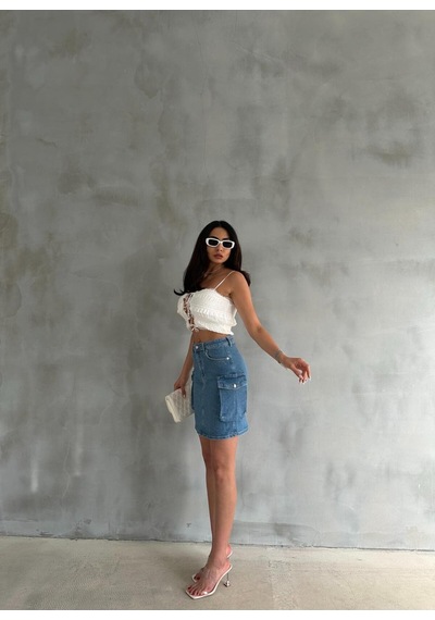 Zeo Basic Kargo Cep Detaylı Mini Denim Etek Mavi