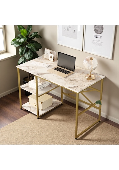 Robin Home Gold Metal Çalışma Masası Raflı 120cm Mermer Desen Mermer