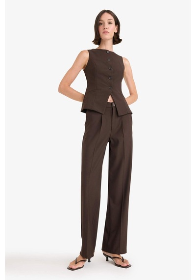 Defacto Wide Leg Fermuarlı Yüksek Bel Standart Boy Pantolon E7238ax25aubn340 Kahve