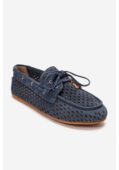 Luvishoes Stevo Kot Mavi Süet Hakiki Deri Delikli Bağcıklı Kadın Loafer Ayakkabı