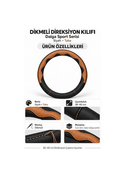 Trobus Hyundai Santa Fe 2024-2025 Uyumlu Dikmeli Direksiyon Kılıfı Dalga Sport Deri Siyah Taba Taba - Siyah