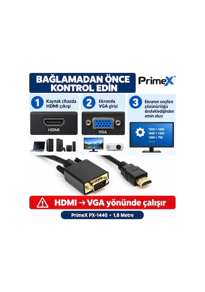 Primex Px-1440 1.8 Metre Hdmı To Vga Görüntü Kablosu, Hdmı Çıkıştan Vga Monitör Projeksiyona Dönüştürücü, Pc Laptop Ps5 Xbox Uyumlu, Full Hd, Tek Yönlü