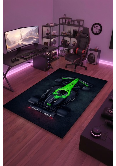 Formula 1 Neon Yeşil Yarış Arabası Halı Kaymaz Taban Yıkanabilir Gamer Odası Halısı F1.10 F1.9