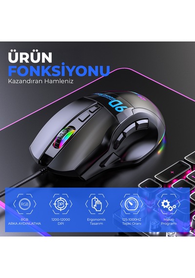 Mkespn X10 Rgb Gaming Mouse 12800 Dpı 9 Tuş Makro 1000hz Siyah Diğer