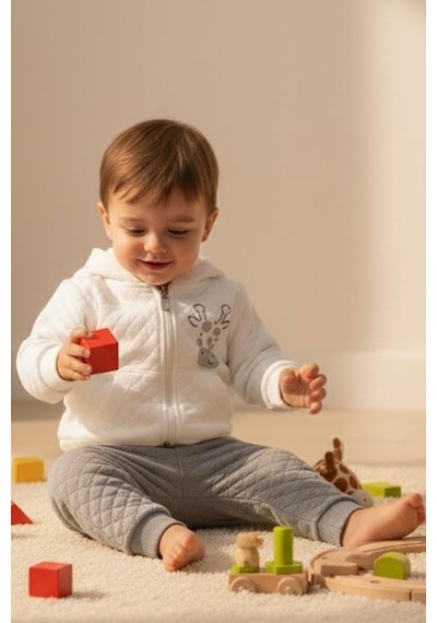 Breeze Erkek Bebek Eşofman Takımı Sevimli Zürafa Baskılı Kapitone Desenli 6 Ay-1.5 Yaş, Ekru Ekru