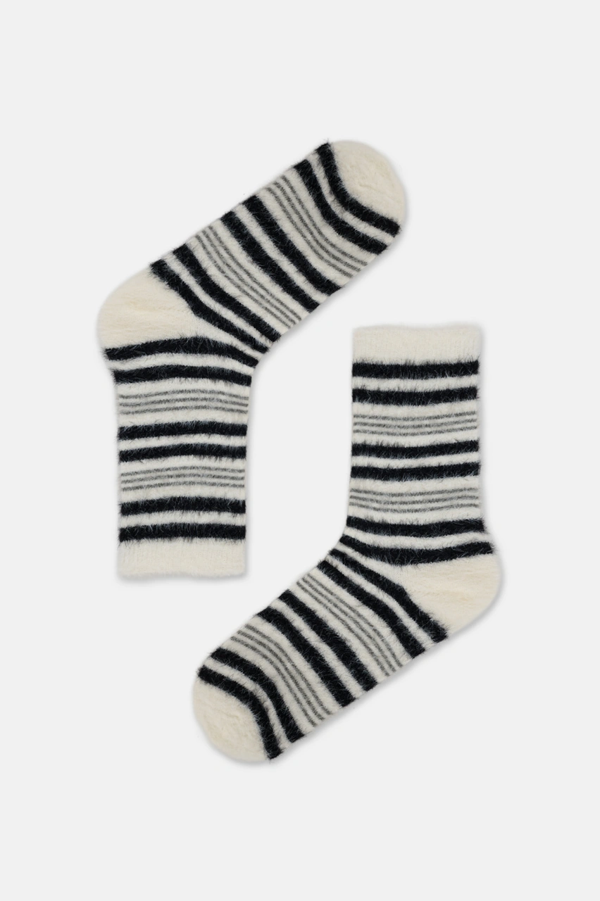Suwen Fluffy Stripe Soket Çorap Sc1520249 Ekru / Siyah