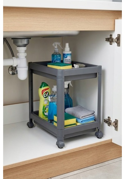 2 Katlı Tekerlekli Tezgah Altı Raf Düzenleyici Organizer, Banyo Lavabo Altı Düzenleyici "antrasit" Antrasit