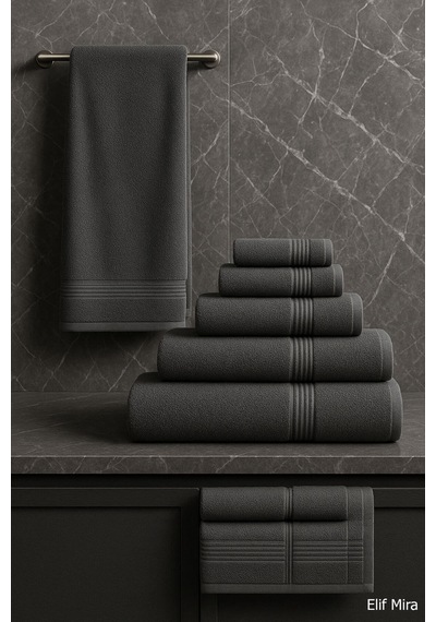 6 Parça Banyo Havlusu Seti Pamuklu 70x140 Cm Serenio Antrasit-Antrasit
