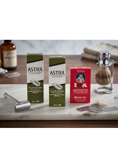 Astra Platinum Çift Taraflı Yaprak Jilet 200 Adet 2 Kutu + İ.h.a. Kalem Kantaşı 12'li Set Klasik Tıraş Seti