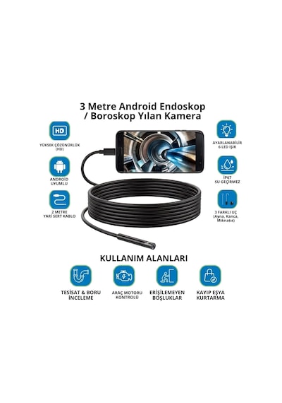 Buffer 3 Metre Android Telefon Uyumlu 6 Led Işıklı Su Geçirmez Endoskop / Boroskop Yılan Kamera Hd