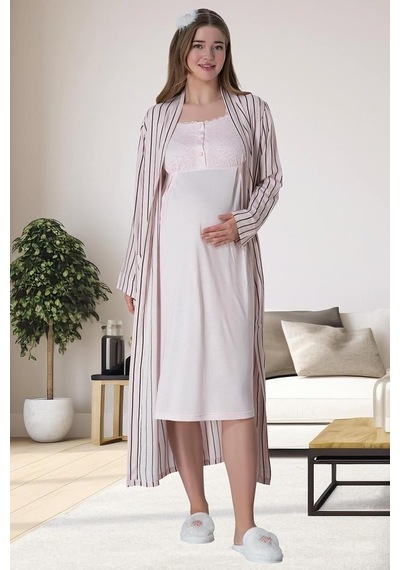 Mecit Pijama Mecit 6006 Kadın Hamile Lohusa Pembe Sabahlık Gecelik Takımı 001