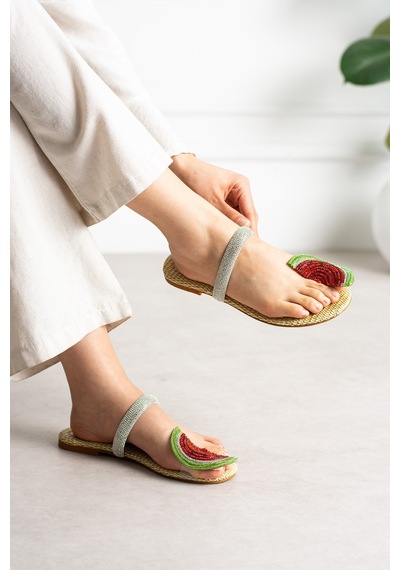 Dabab Shoes Melony Kadın Hasır Taban Taşlı Karpuz Detaylı Yazlık Düz Taban Terlik Çok Renkli