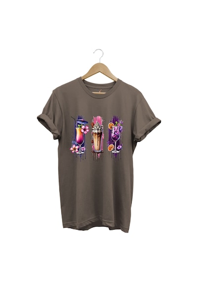 Milkshake Ve Kokteyl Temalı Renkli Yaz Baskılı %100 Pamuk Unisex Regular Fit T-shirt Kahverengi