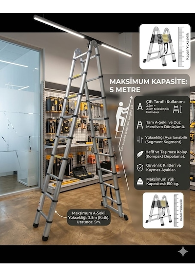 8+8 Basamaklı 2,5mt + 2,5mt 5mt Uzayan Çift Yönlü Teleskopik Alüminyum Merdiven 8+8 Basamaklı