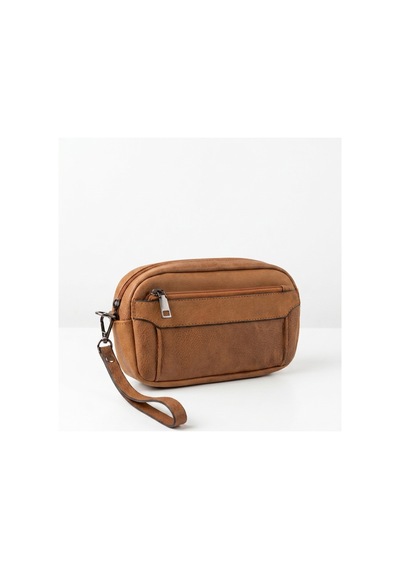 Levano Leather Hakiki Dana Derisi Erkek El Çantası Bilek Askılı El Geçmeli Portföy Organizer Çanta 22x12 Cm Taba