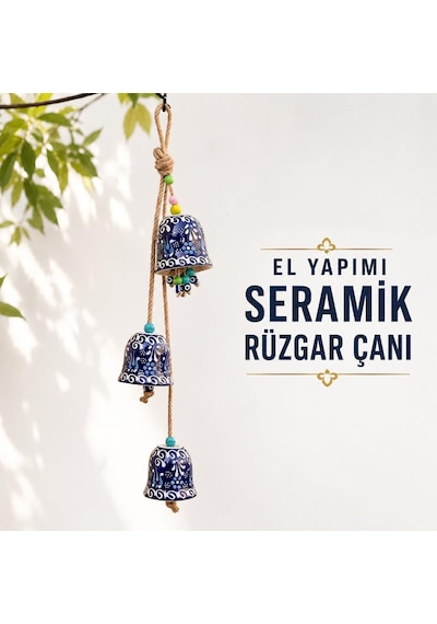 3'lü El Yapımı Seramik Rüzgar Çanı, Nazar Boncuklu Bahçe Ve Balkon Süsü, Jüt Halatlı Çiçek Motifli Duvar De