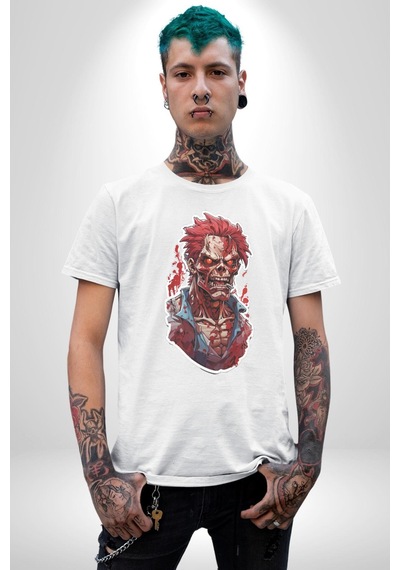 Zombi Kırmızı The Walking Dead Unisex Unisex Beyaz Organik Baskılı T-shirt Penye Yüksek Kalite Beyaz