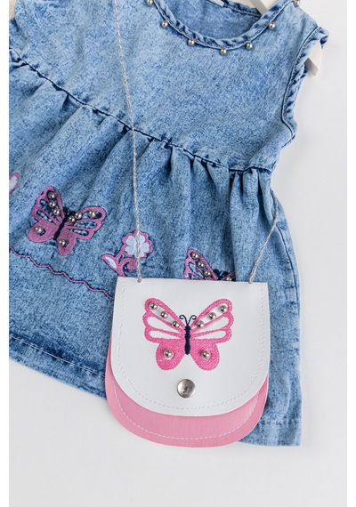 Babymod Kelebek İşlemeli Boncuklu Çanta Hediyeli Kız Bebek Kot Elbise Jean Jile Mavi Babymod Kelebek İşlemeli Boncuklu Çanta Hediyeli Kız Bebek Kot Elbise Jean Jile Mavi