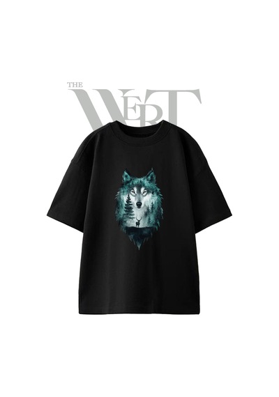 Thewert Wolf Forest Tasarım Baskılı Ünisex Siyah Oversize T-shirt