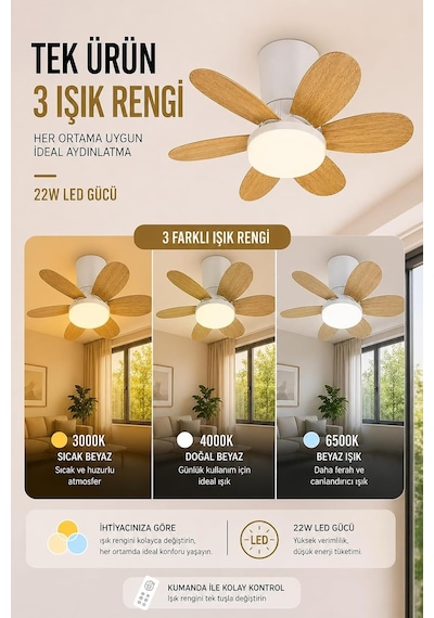 42w Tavan Vantilatörü Led Avize Armatür 64cm 5 Kanat 6 Kademeli Fan Ters Dönüş Ve Gece Lambası Modu Uzaktan Kuman