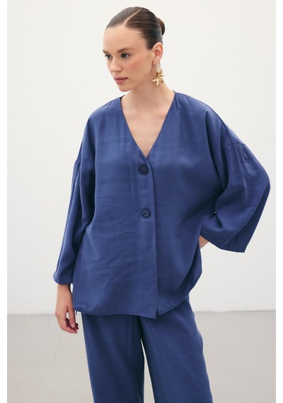 Sateen Düğmeli Kimono - İndigo-136358 İndigo
