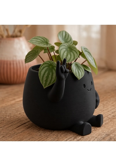 3d Baskı Smiley Face Planter - Gülümseyen Karakterli Saksı-siyah