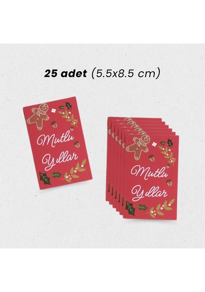 Yılbaşı Mutlu Yıllar Yazılı Hediye Kart Seti, Yeniyıl Paketleme Kartı, 25 Adet-5,5x8.5 Cm, Kırmızı