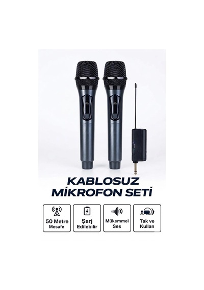 Zenvia Profesyonel Çiftli Kablosuz Mikrofon Seti Karaoke Şarj Edilebilir 50 Metre Znv2026