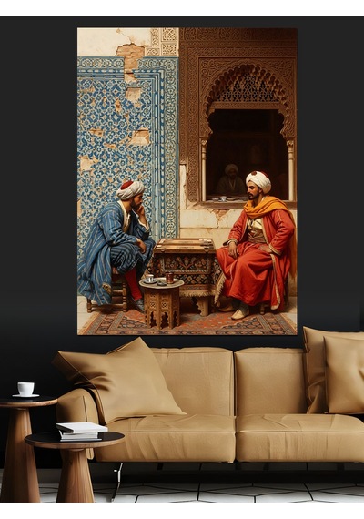 Ahşap Tablo Halı Üzerinde Sohbet Eden Adamlar