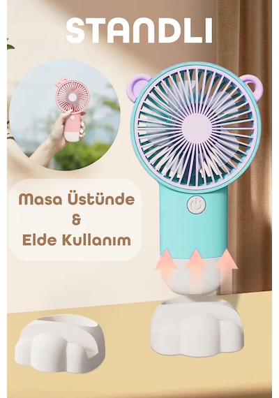 Şarjlı Telefon Standlı Mini El Fanı Seyahat Masaüstü Vantilatör Taşınabilir Mini Fan Turkuaz 0808